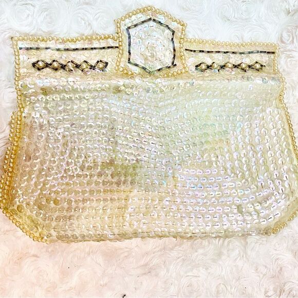 Vintage 1950s Mid-Century Modern Beaded Sequin Evening Clutch Envelope Purse - Picture 3 of 14